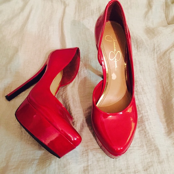 Jessica Simpson red patent leather platform pumps