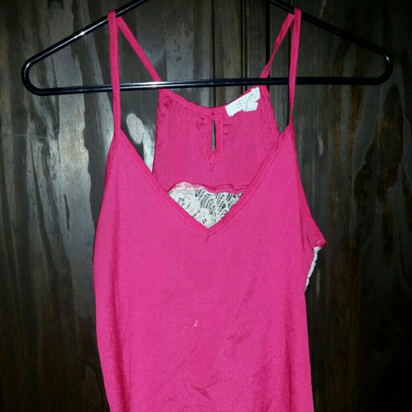 Hot pink tank top with sheer floral lace