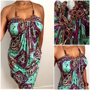 Turquoise jewel tone Sky "large" halter dress.