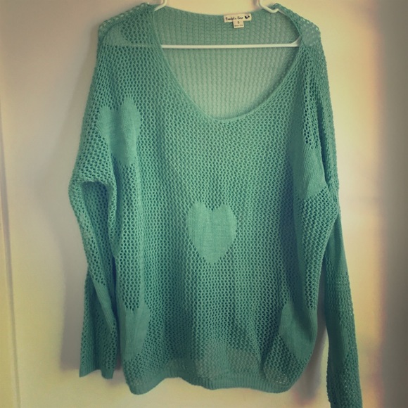 ANTHROPOLOGIE seafoam stitch crochet heartsweater