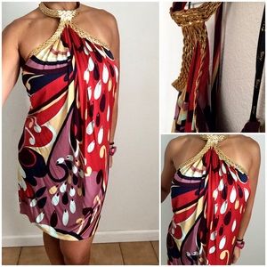 Peacock inspired SKY-Gold halter mini dress "Lrg"
