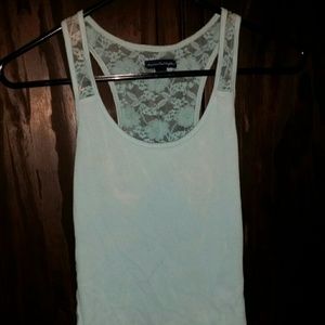 Light blue tank top with sheer floral back