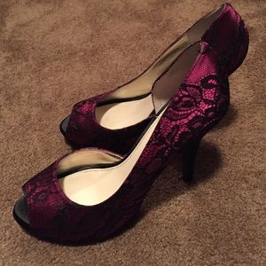 Pink and Black Lace Peep Toe Heels