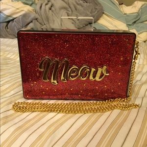 acrylic meow red sparkling clutch with gold chain