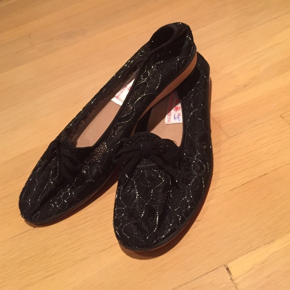 Black flats with silver embroidery