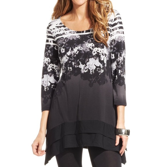 Striped-Floral-Print Tiered-Hem Tunic