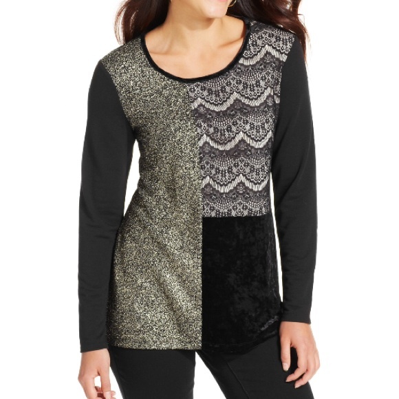 Petite Patchwork Velvet Metallic Top