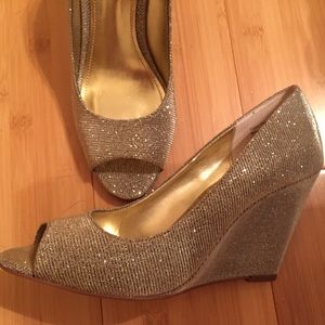 Gold silver wedges. Bridal shoes.