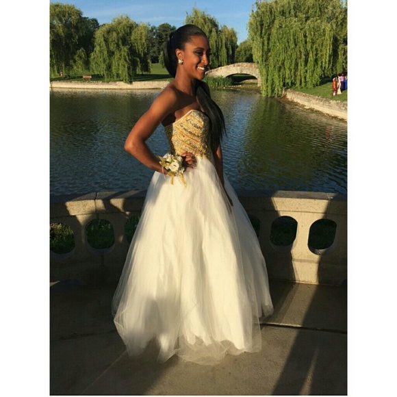 White And Gold Strapless Prom Dress