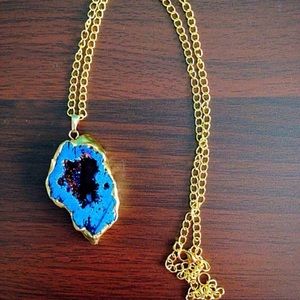 Dark blue agate/Quartz Druzy 14k gold necklace