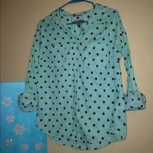 Aqua button down with navy blue polka dots