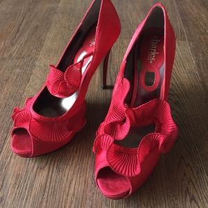 Carles by Charles David Red Satin Ruffle Shoes
