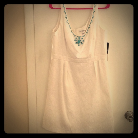 White Jacquard Dress with Turquoise Embellishments