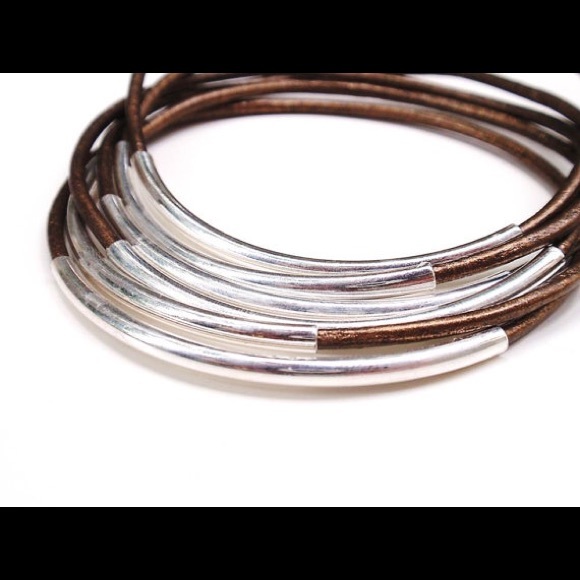 Bronze leather and silver hardware bangle set