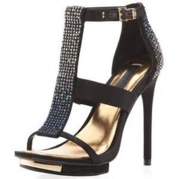 $250 BCBG MAX AZRIA Crystal Adorned High Heel Dress Stiletto Shoes Black Gold - Picture 2 of 6