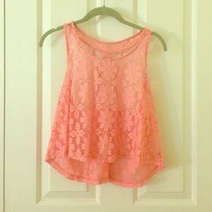 pink lace tank top with criss cross back