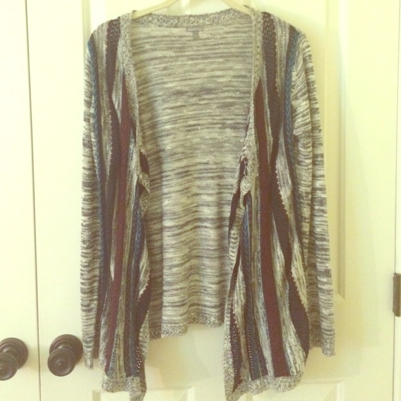 gray sweater with maroon and blue stripes