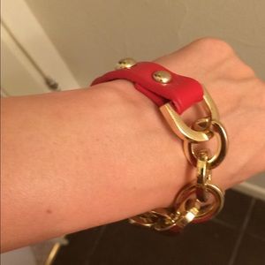 Red Leather Gold Chain Bracelet