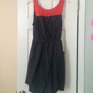 Denim and coral dress with pockets