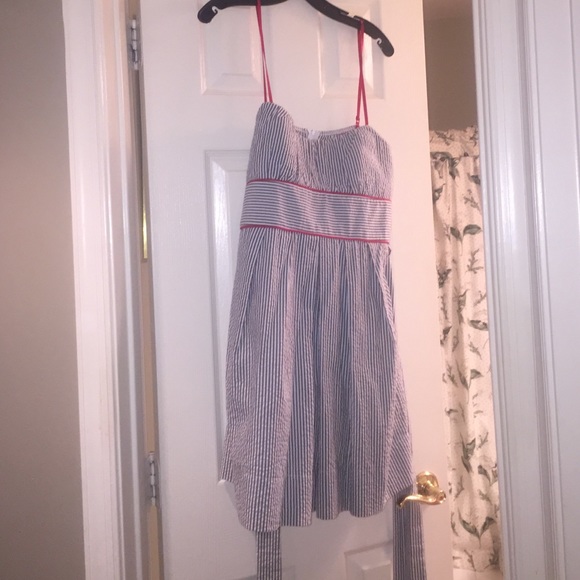 Faded blue white stripe and red trim dress