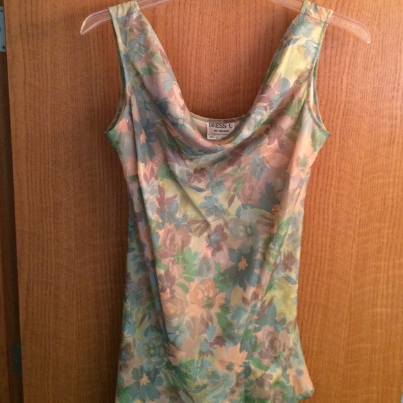 Cowl neck hi-low  dress greens and cream.