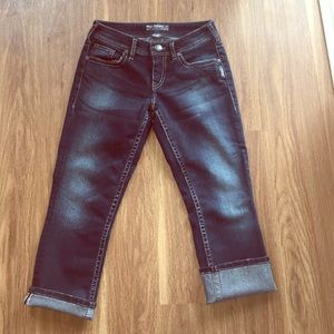 Dark wash, stretch, Silver Aiko Kick Flare capris