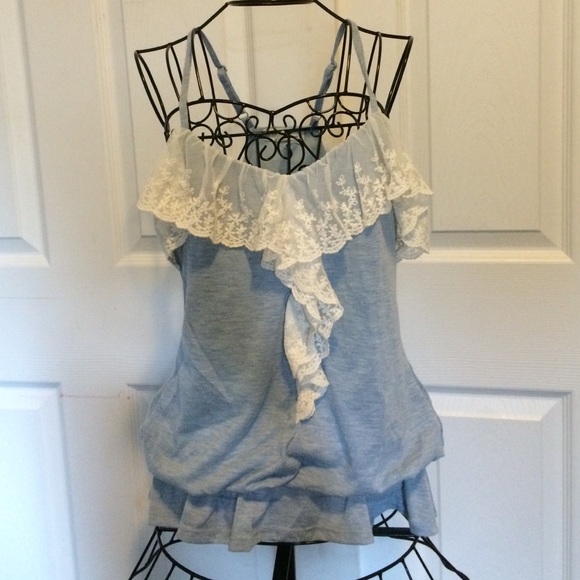 Light blue tank top with white lace