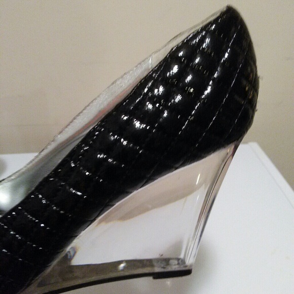 Black patten leather wedges