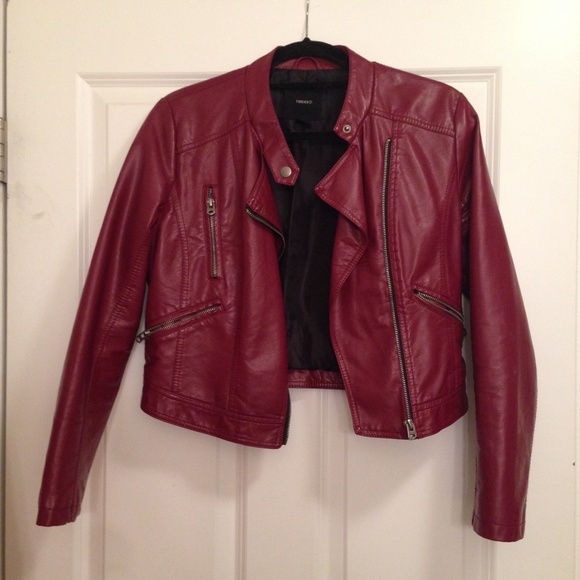 Maroon faux leather jacket.