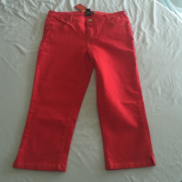 Red capris with gold accent