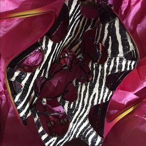 Jimmy Choo Authentic Glitter Zebra Heel Sandal
