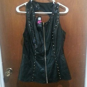 Faux leather blouse with zip up front/gold studs