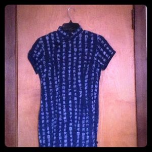 Navy Cotton Text Pattern Chinese Cheongsam