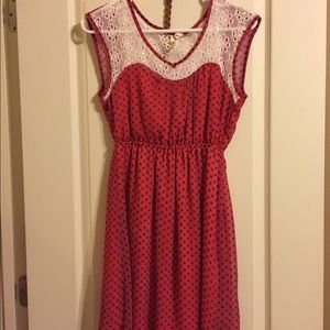 Red dress with lace.