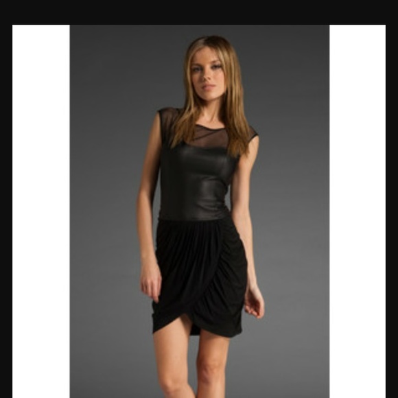 BCBGMAXAZRIA black leather mesh draped dress