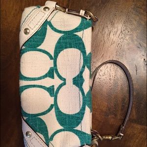 Coach teal and white printed wristlet