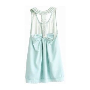 Aqua Blue Formal Dress with Pearl and Bow Back