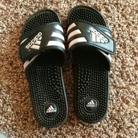 Black and pink Adidas sandals