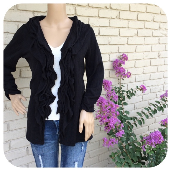 Kim Rogers Sweaters - Kim Rogers black ruffle front cardigan sweater