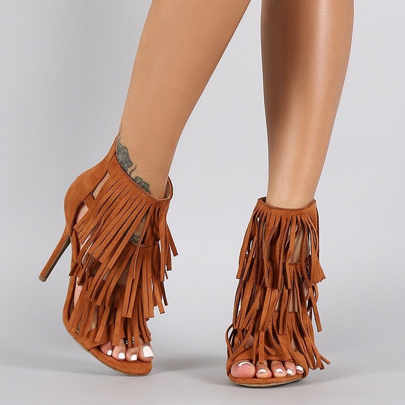 Wild Lounge FauxSuede Layered Fringe Open Toe Heel
