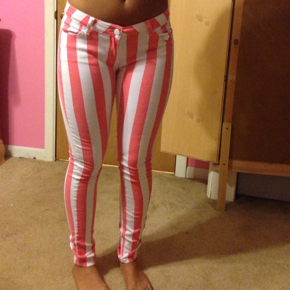 A'gaci pink and white striped skinny jeans
