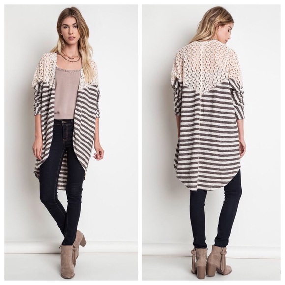 🚫SOLD Mocha Stripe Crochet Cardigan Sweater