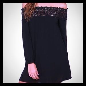 Black Off The Shoulder Boho Smocked Lace Dress