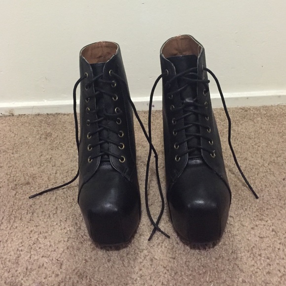 Black faux leather ankle lace up booties