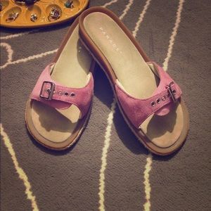 Tan sandals with pink buckle straps!