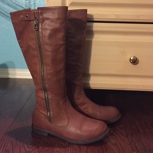 Faux Leather Medium Tan Knee High Zipper Boots