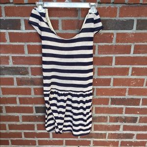 Navy and white dress with open lace back