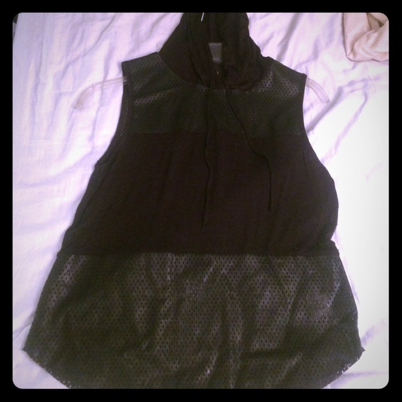 Black fabric and mesh muscle tee with hood