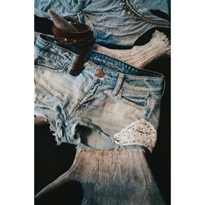 Lace Cut-Out Denim Shorts
