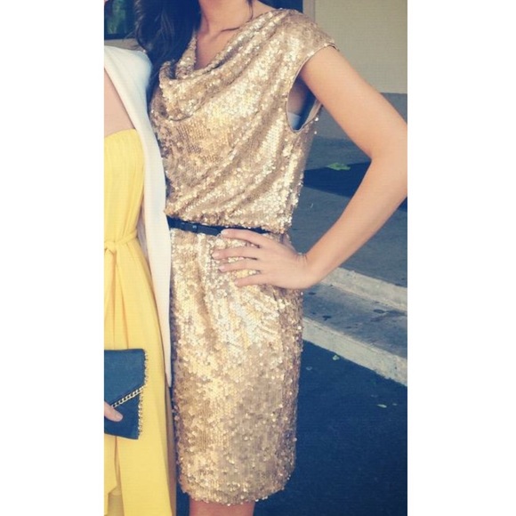 Eliza J Dresses & Skirts - Elegant Gold sequin cowl neck pencil dress